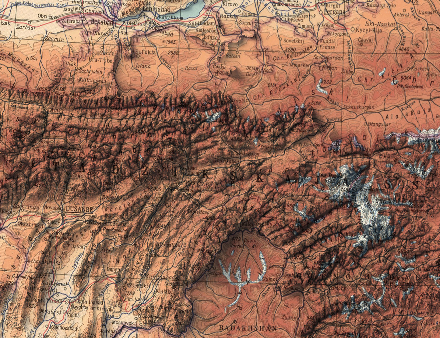 Detailed close-up of a vintage Tajikistan relief map, showcasing textured topography and geographic contours