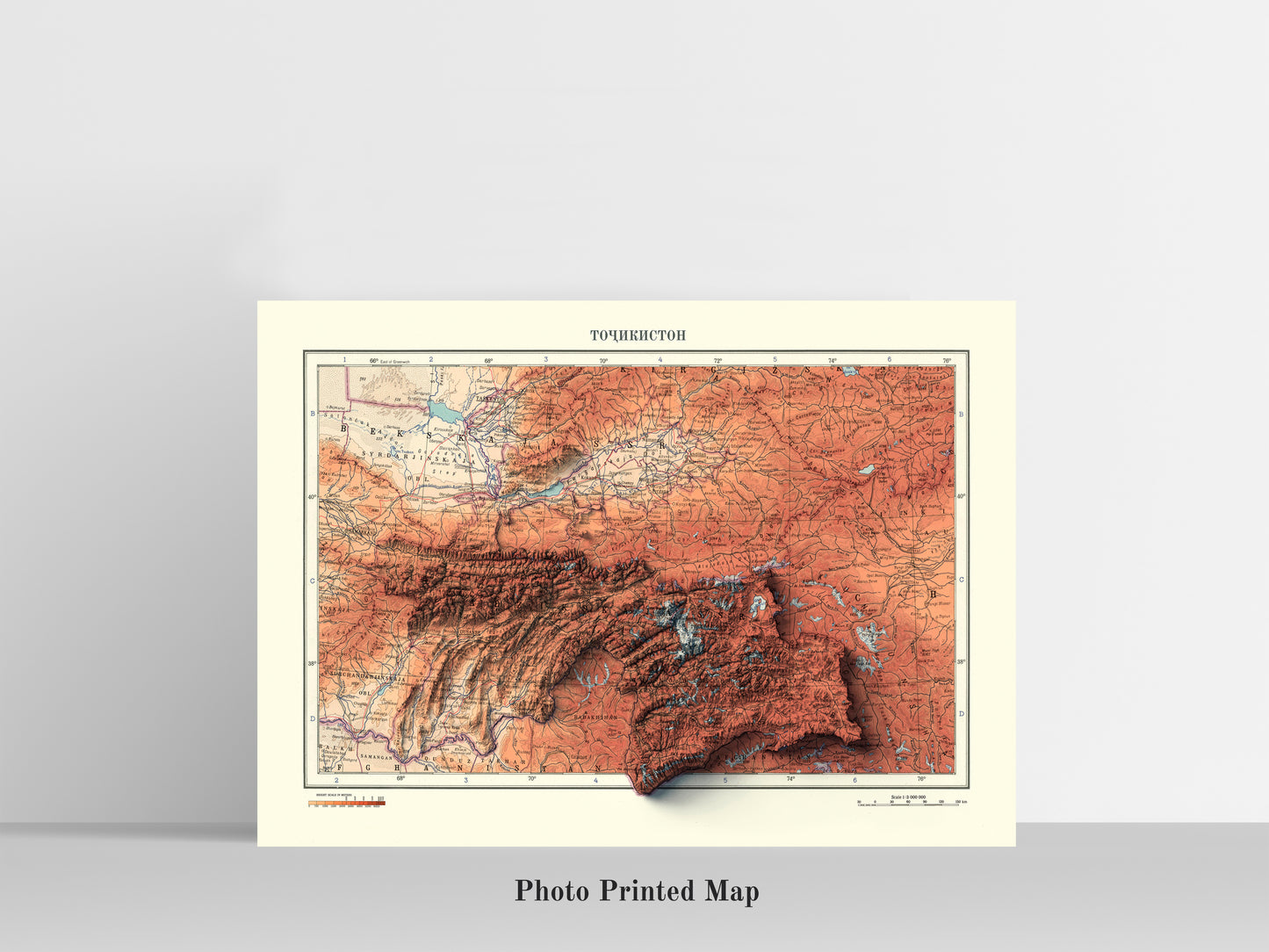 Tajikistan Shaded relief map print, highlighting topography. Ideal for home decor and geography lovers