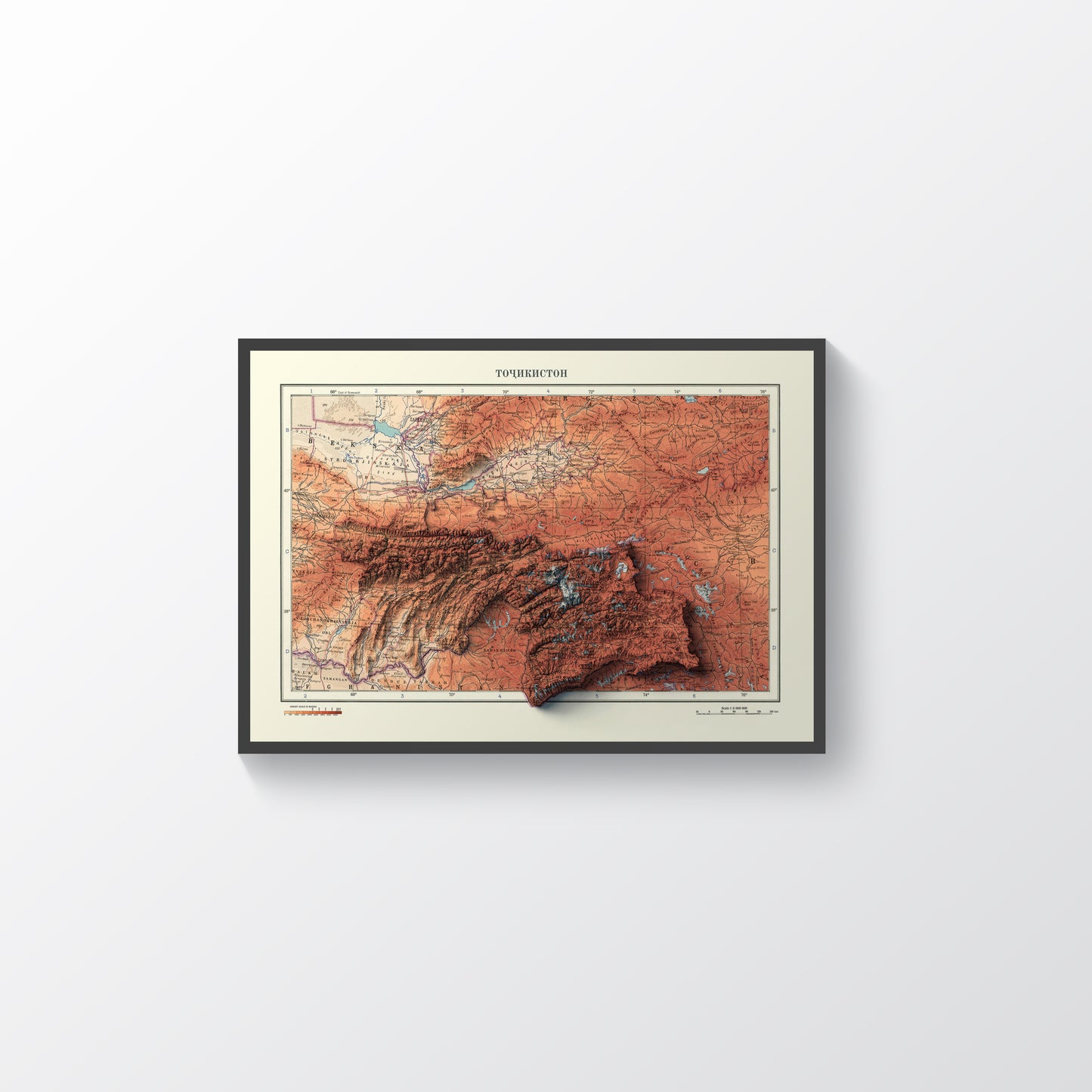 Tajikistan vintage framed shaded relief map in black frame. Artistic print highlighting mountains with a realistic terrain effect
