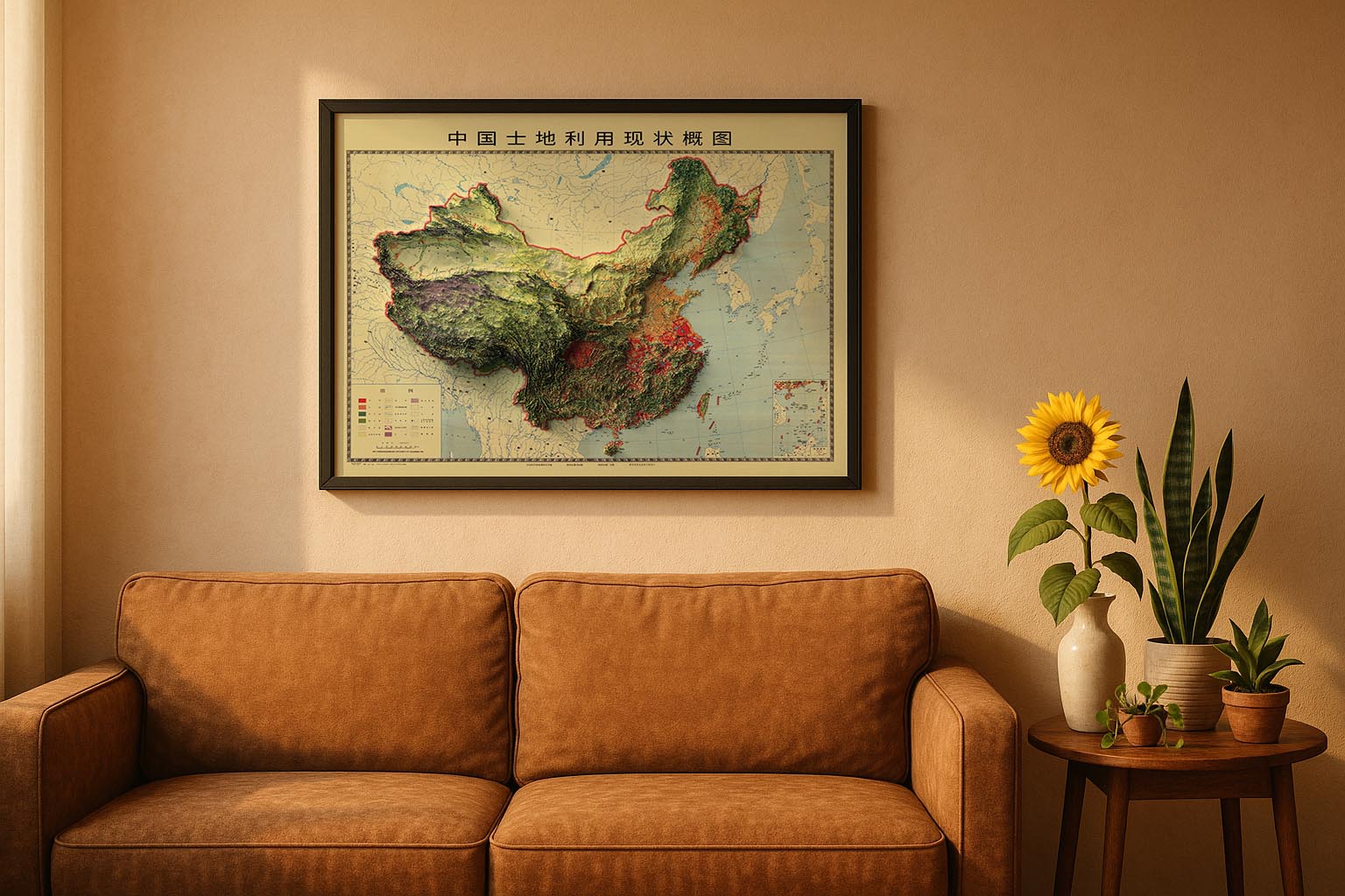 living room showing a framed relief map of China and a sunflower, a couch and a table