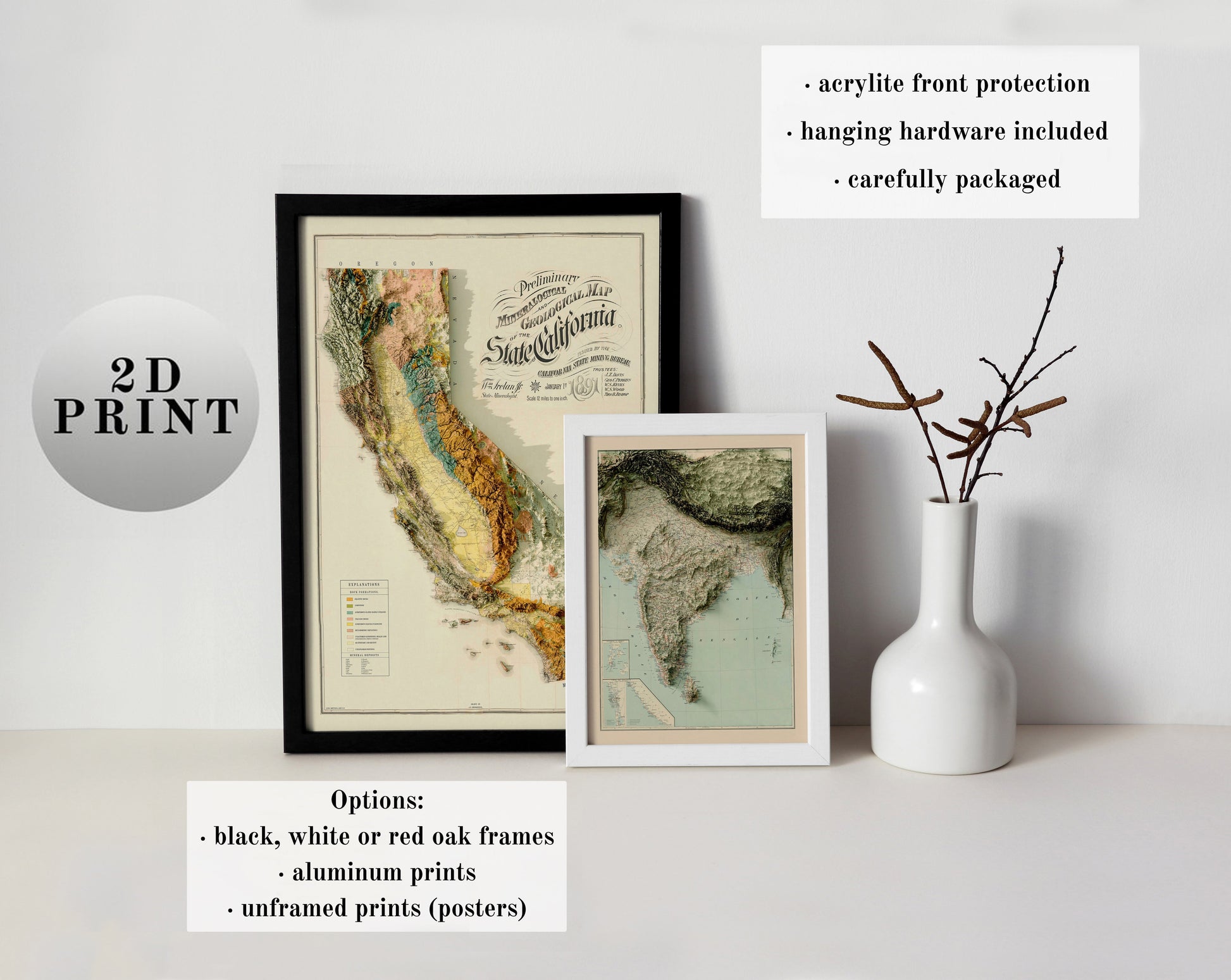 Two framed maps displaying examples of relief maps. Highlights available frame color options and product details, including hanging hardware