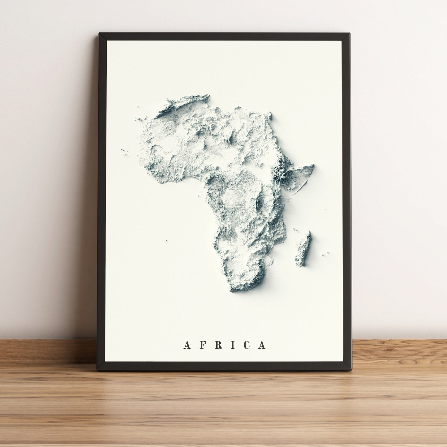 africa vintage framed shaded relief map in black frame. Artistic print highlighting mountains with a realistic terrain effect