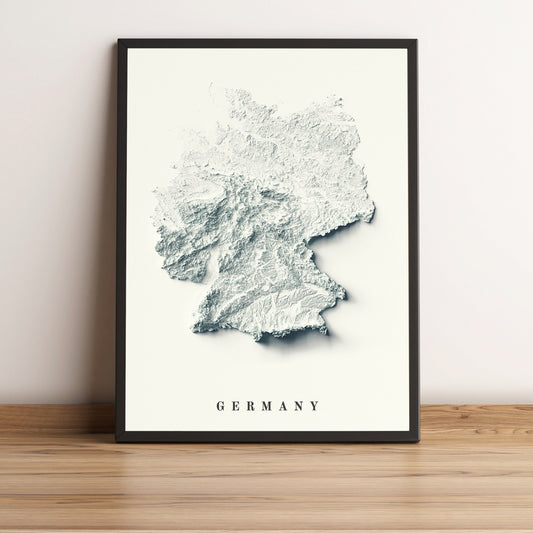 Germany framed shaded relief map in black frame. Artistic print highlighting mountains with a realistic terrain effect