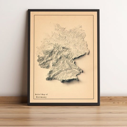 Germany vintage framed shaded relief map in black frame. Artistic print highlighting mountains with a realistic terrain effect