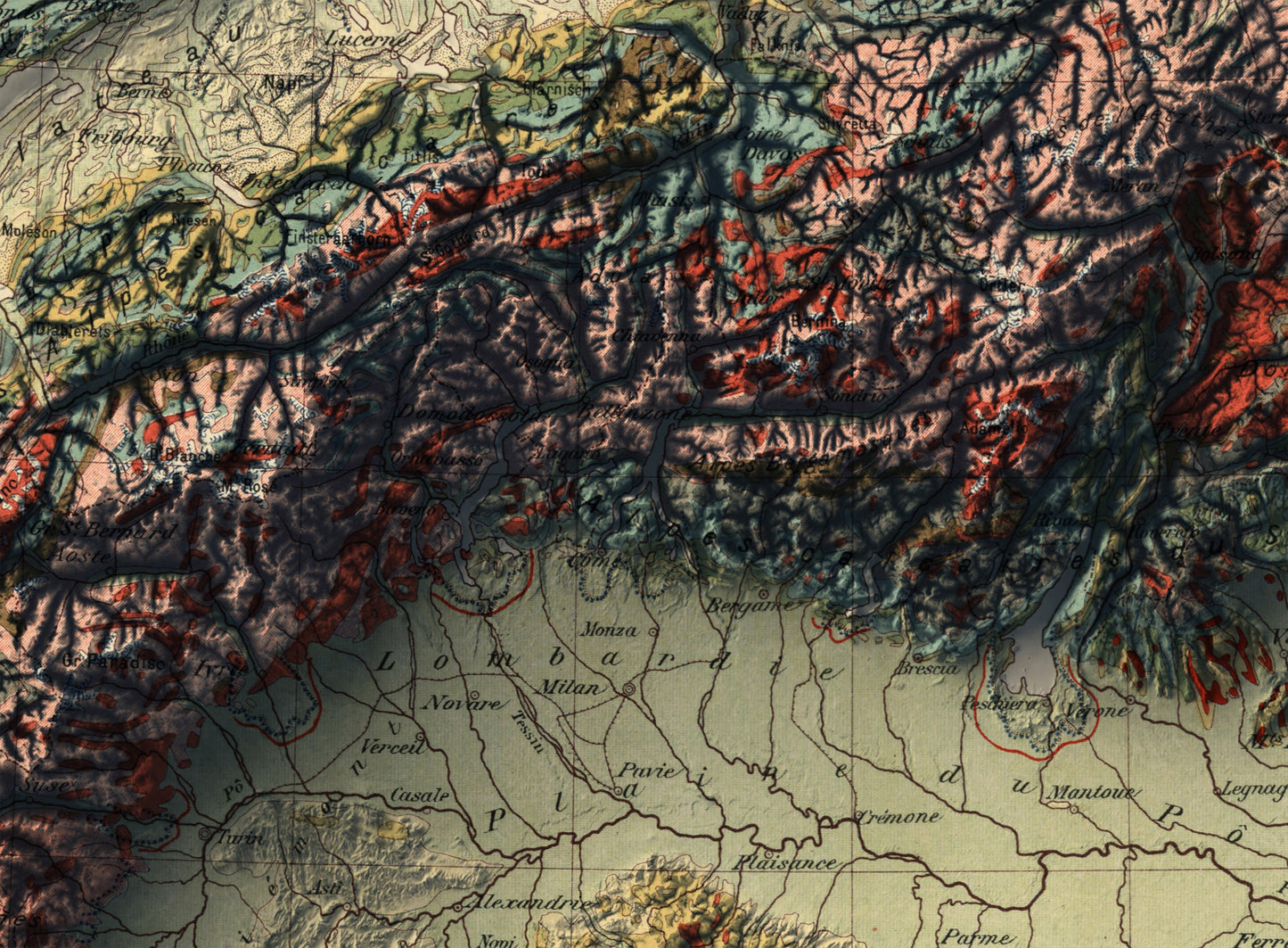vintage shaded relief map of the alps, showing parts of Italy, France, Switzerland, Austria, Germayn and Slovakia