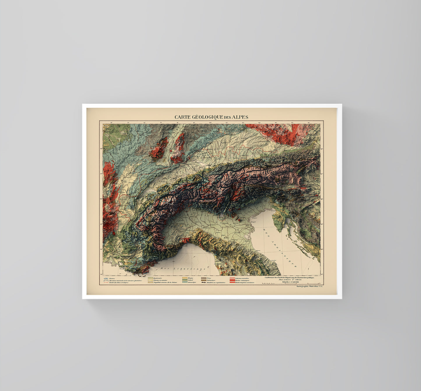 vintage shaded relief map of the alps, showing parts of Italy, France, Switzerland, Austria, Germayn and Slovakia