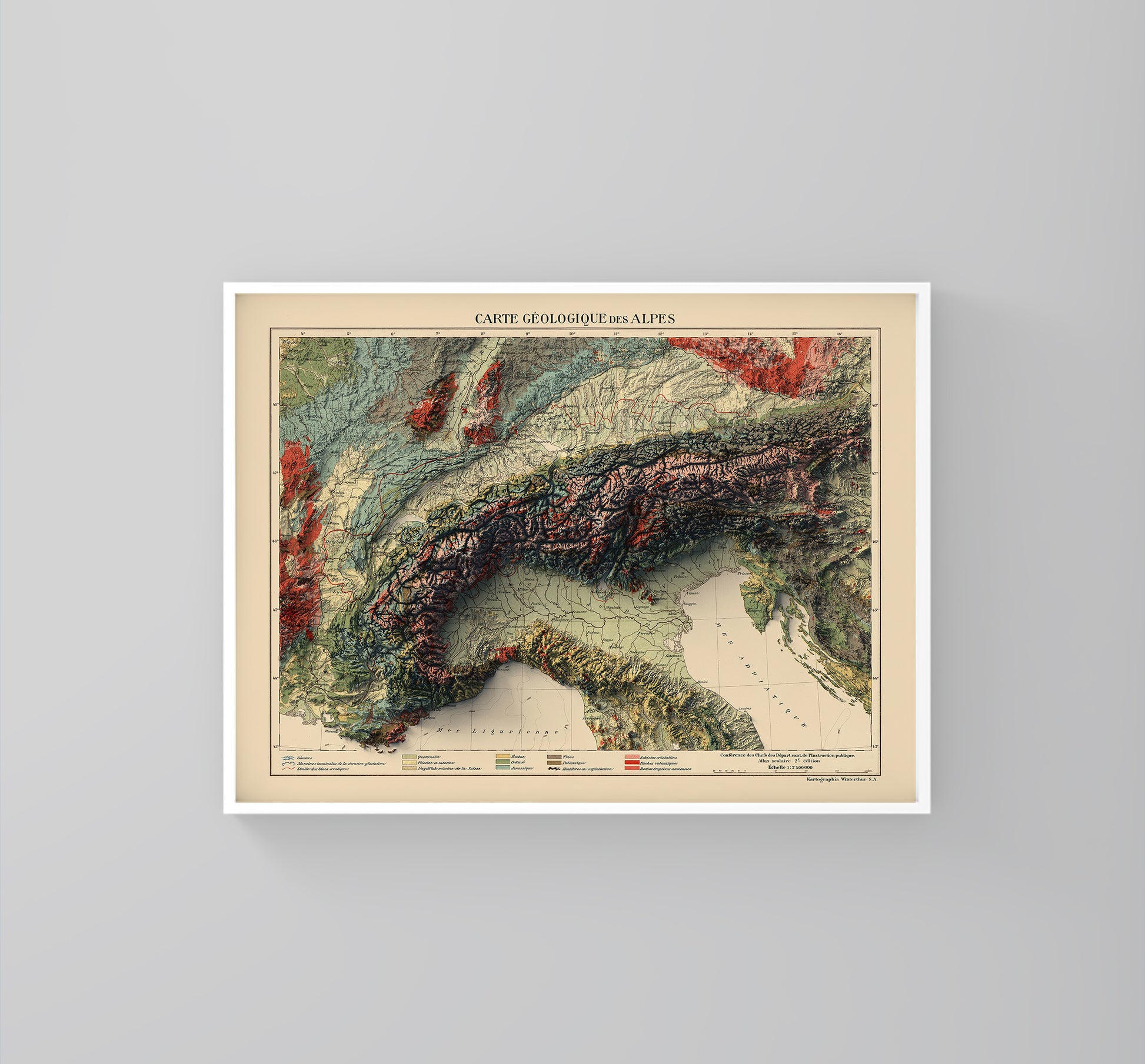 Alps vintage framed shaded relief map in white frame. Artistic print highlighting mountains with a realistic 3d effect