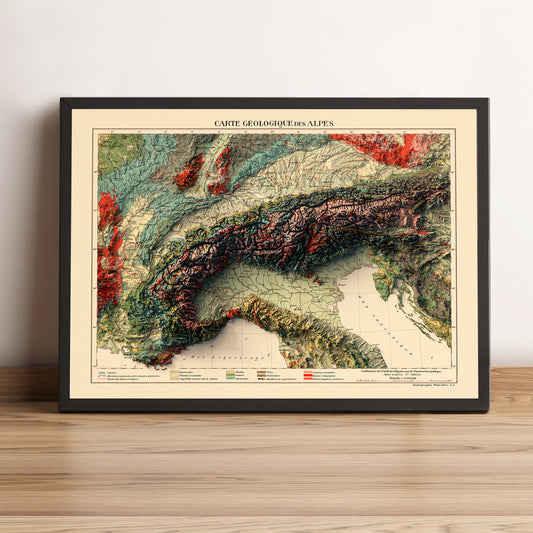 Alps vintage framed shaded relief map in black frame. Artistic print highlighting mountains with a realistic terrain effect