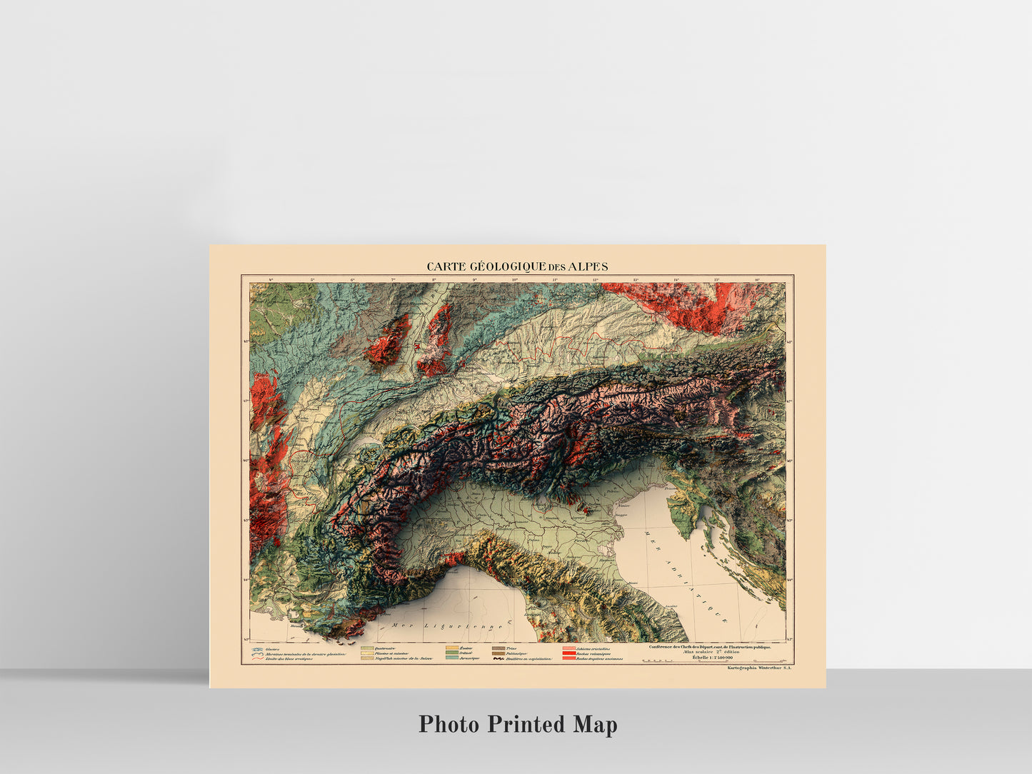 vintage shaded relief map of the alps, showing parts of Italy, France, Switzerland, Austria, Germayn and Slovakia