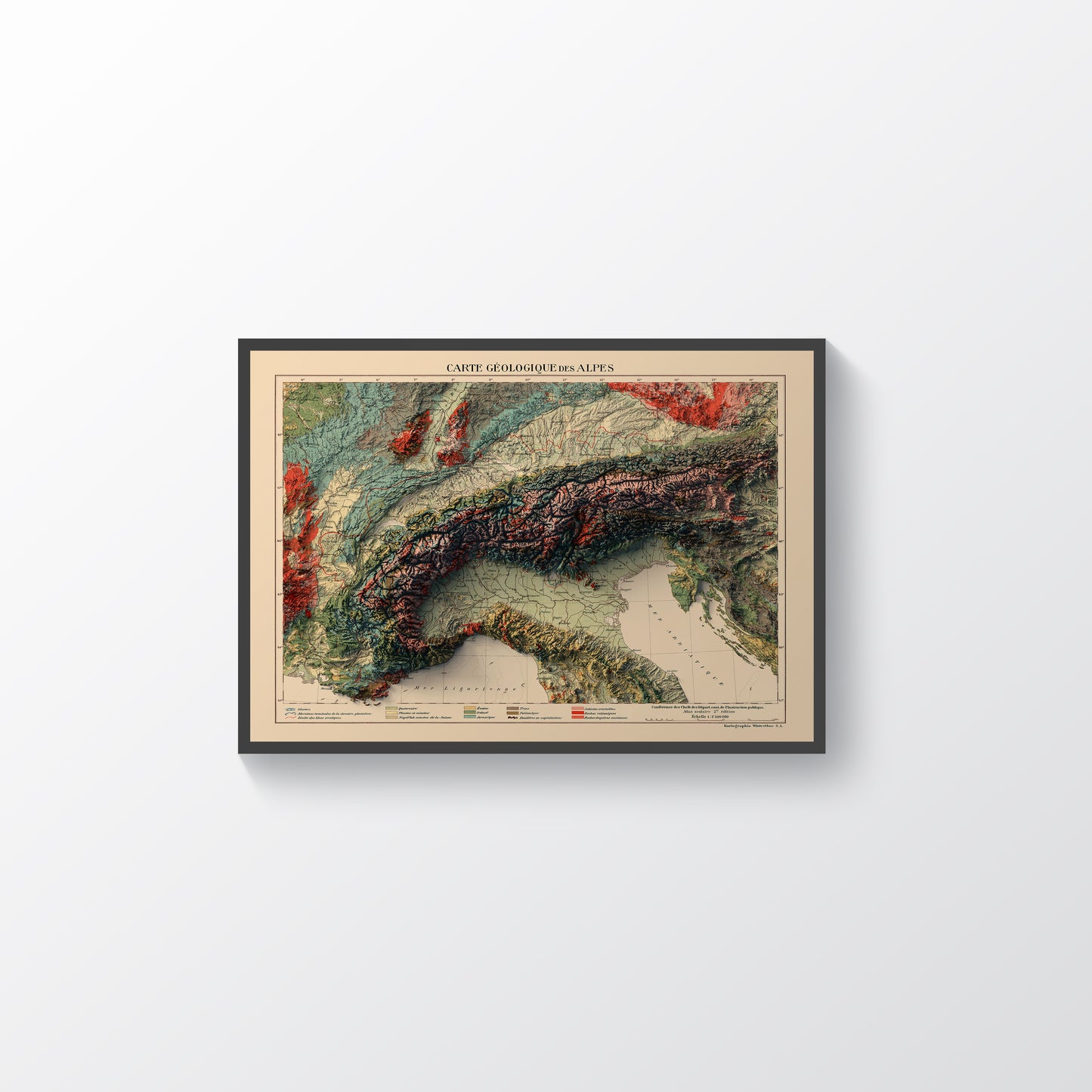 vintage shaded relief map of the alps, showing parts of Italy, France, Switzerland, Austria, Germayn and Slovakia