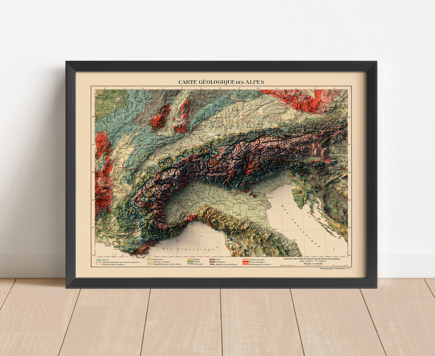 vintage shaded relief map of the alps, showing parts of Italy, France, Switzerland, Austria, Germayn and Slovakia
