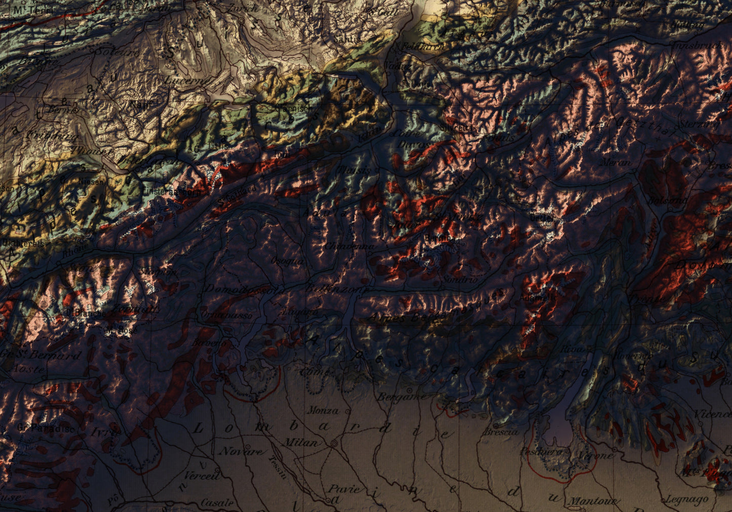 sunset version of a vintage shaded relief map of the alps, showing parts of Italy, France, Switzerland, Austria, Germayn and Slovakia