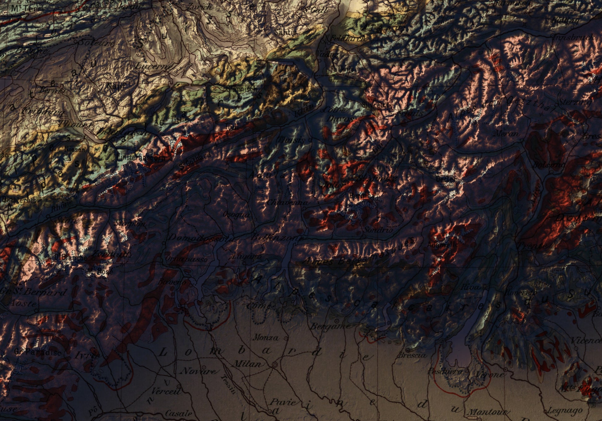 Detailed close-up of a vintage Alps relief map, showcasing textured topography and geographic contours