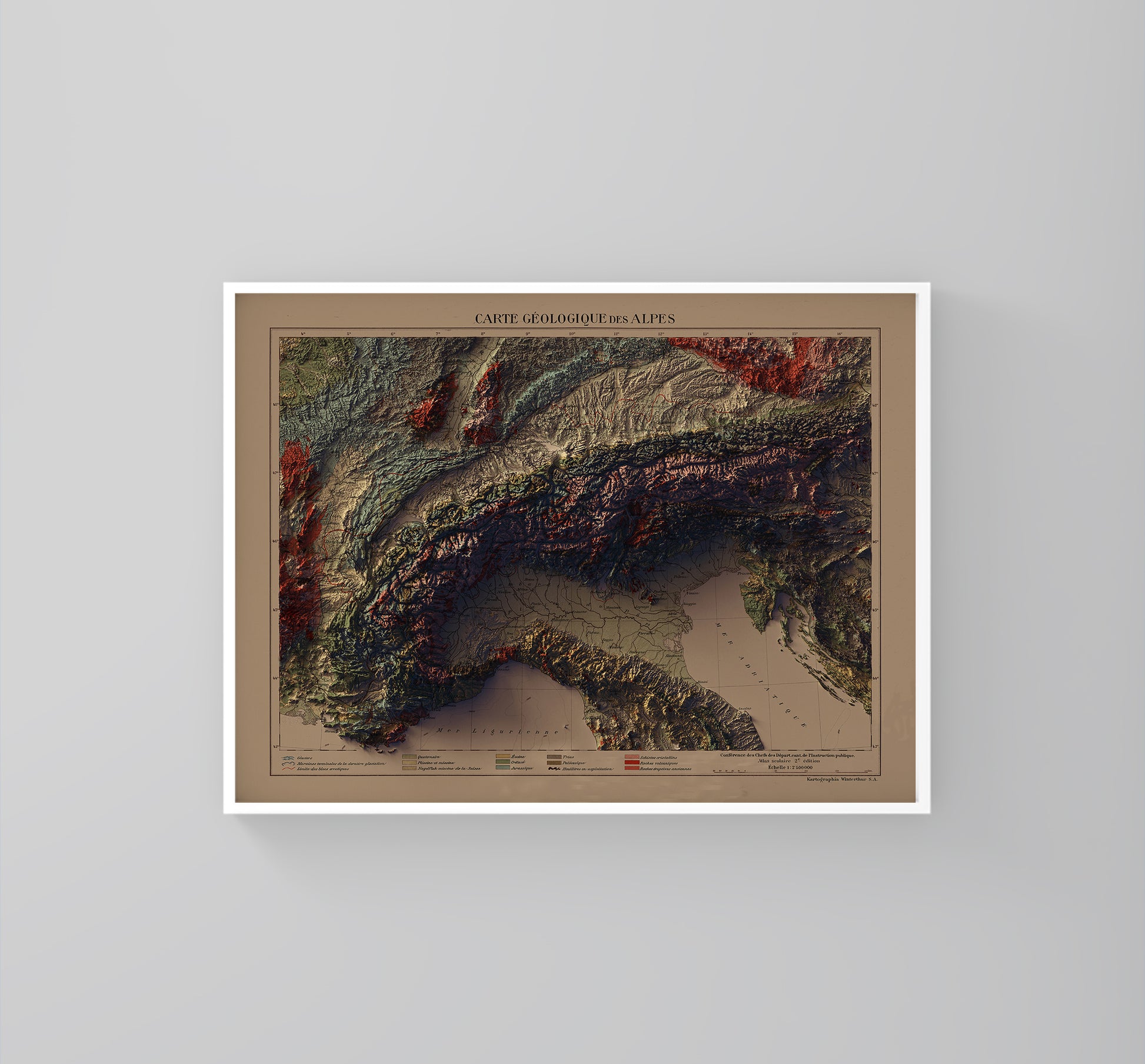 Alps vintage framed shaded relief map in white frame. Artistic print highlighting mountains with a realistic 3d effect