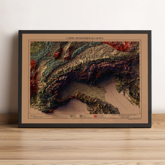 Alps vintage framed shaded relief map in black frame. Artistic print highlighting mountains with a realistic terrain effect