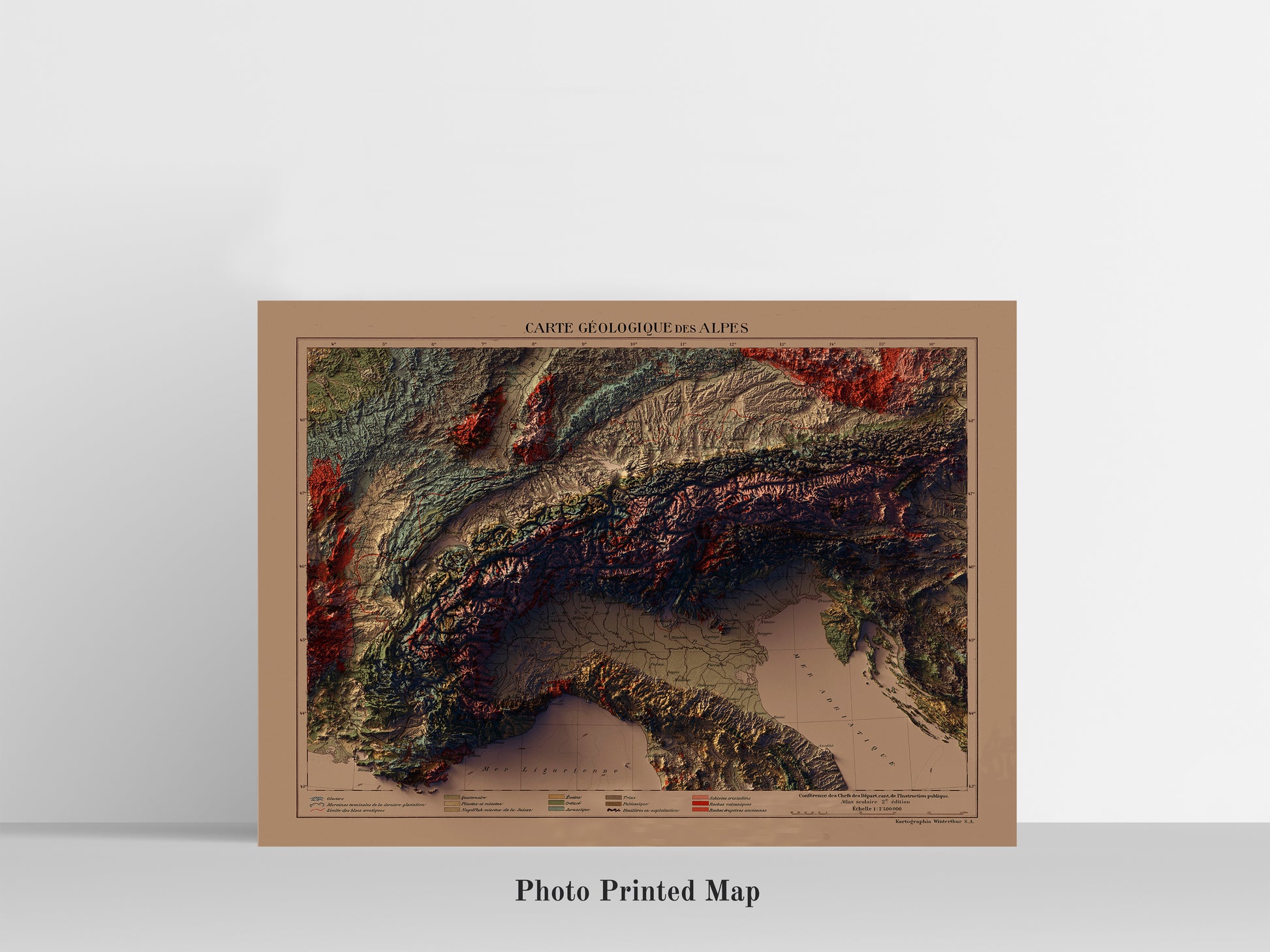 Alps relief map print, highlighting topography. Ideal for home decor and geography lovers