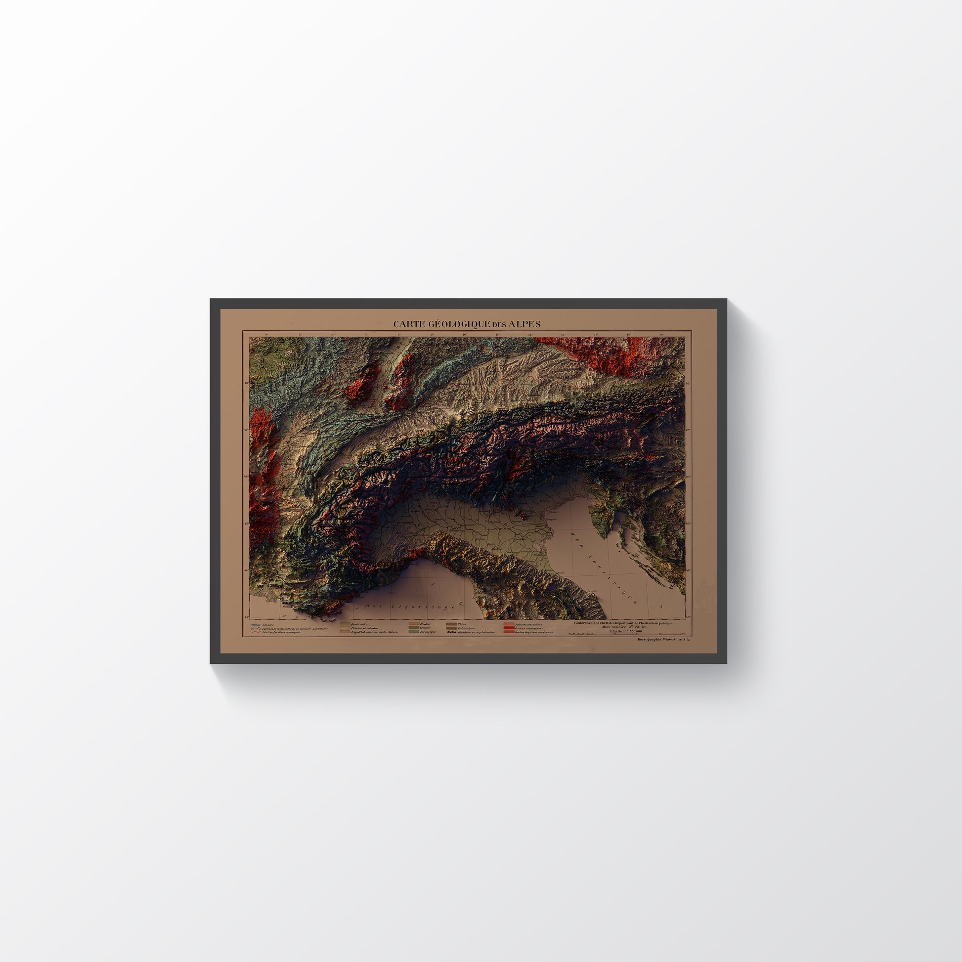 Alps vintage framed shaded relief map in black frame. Artistic print highlighting mountains with a realistic terrain effect