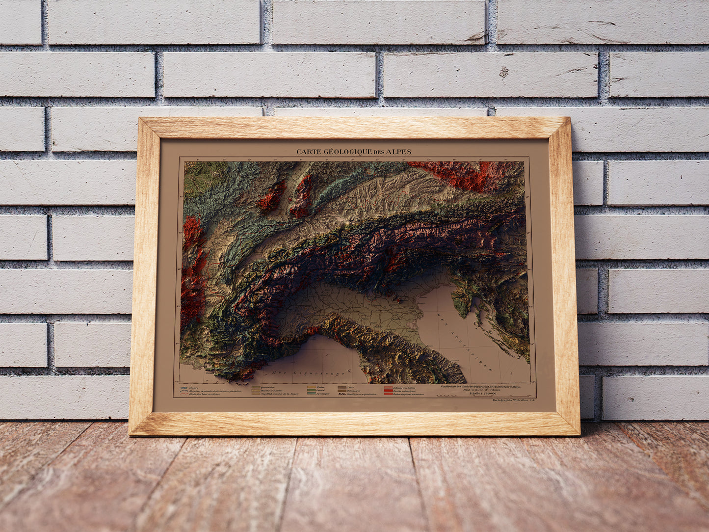 sunset version of a vintage shaded relief map of the alps, showing parts of Italy, France, Switzerland, Austria, Germayn and Slovakia
