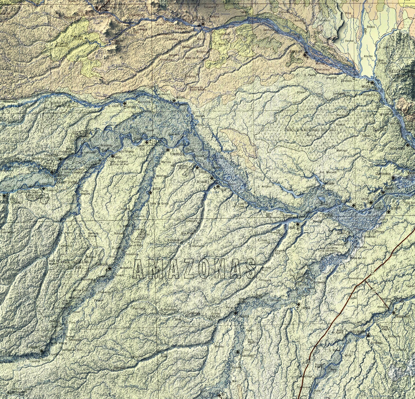 vintage shaded relief map of Amazonas State, Brazil