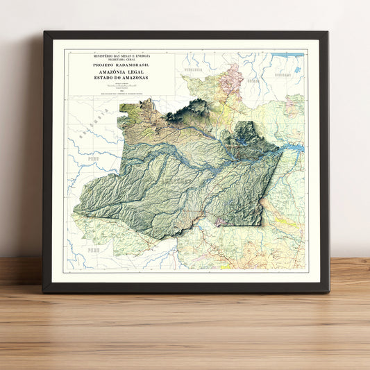 Amazonas (Brazil) vintage framed shaded relief map in black frame. Artistic print highlighting mountains with a realistic terrain effect