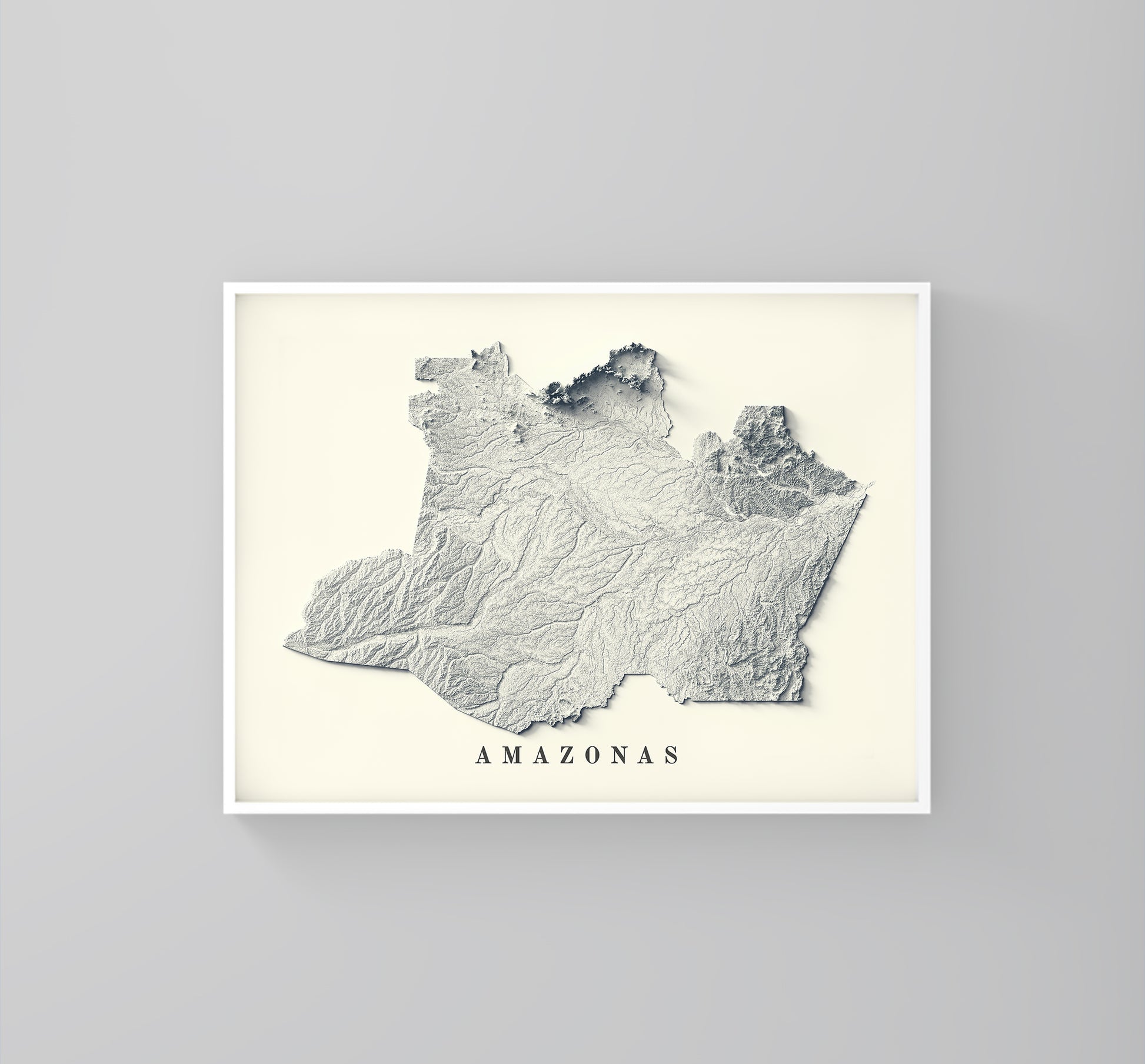 Amazonas State (Brazil) vintage framed shaded relief map in white frame. Artistic print highlighting mountains with a realistic 3d effect