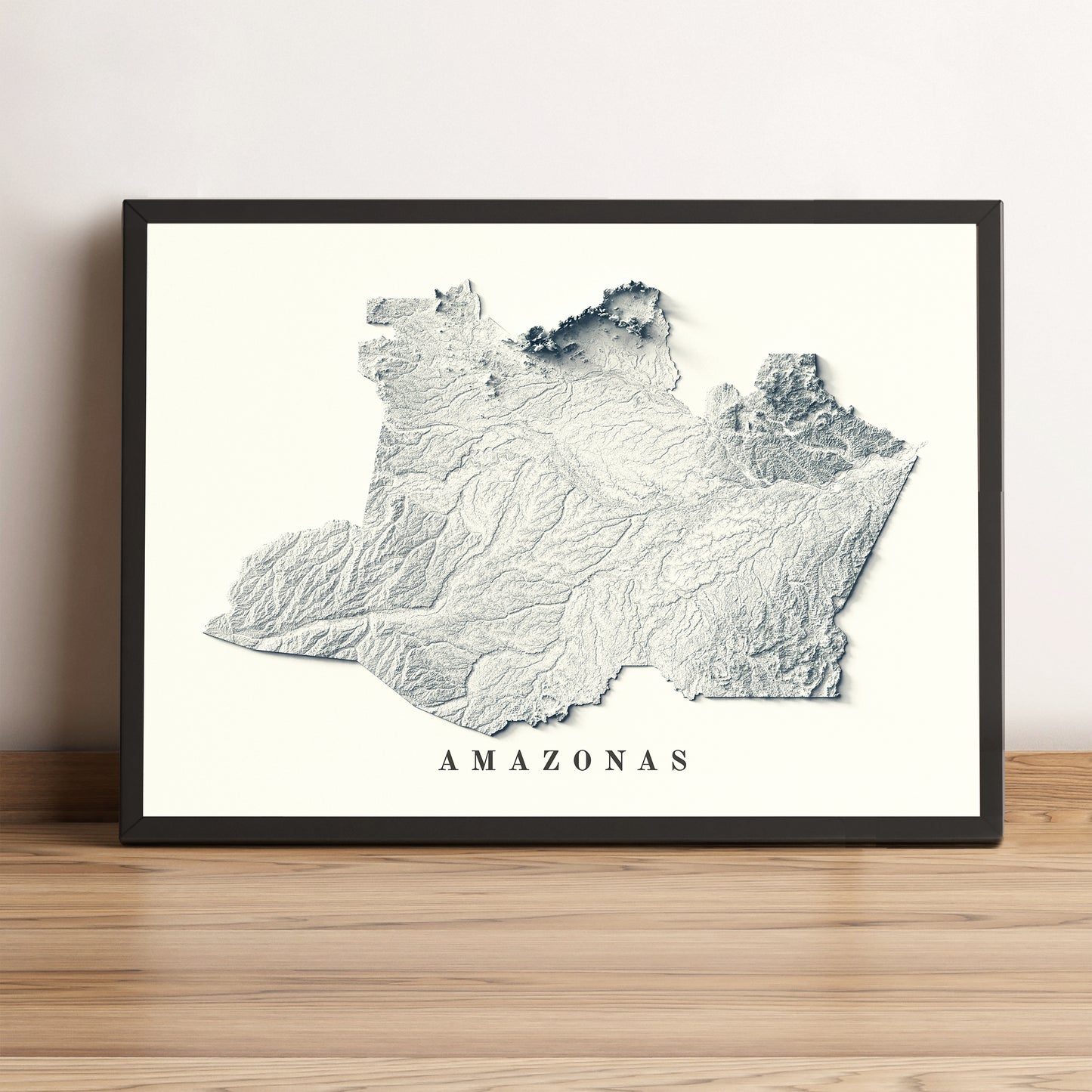 Amazonas (Brazil) vintage framed shaded relief map in black frame. Artistic print highlighting mountains with a realistic terrain effect