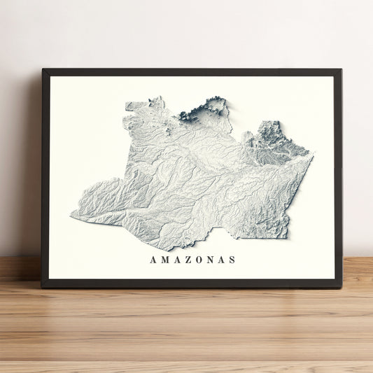 Amazonas (Brazil) vintage framed shaded relief map in black frame. Artistic print highlighting mountains with a realistic terrain effect