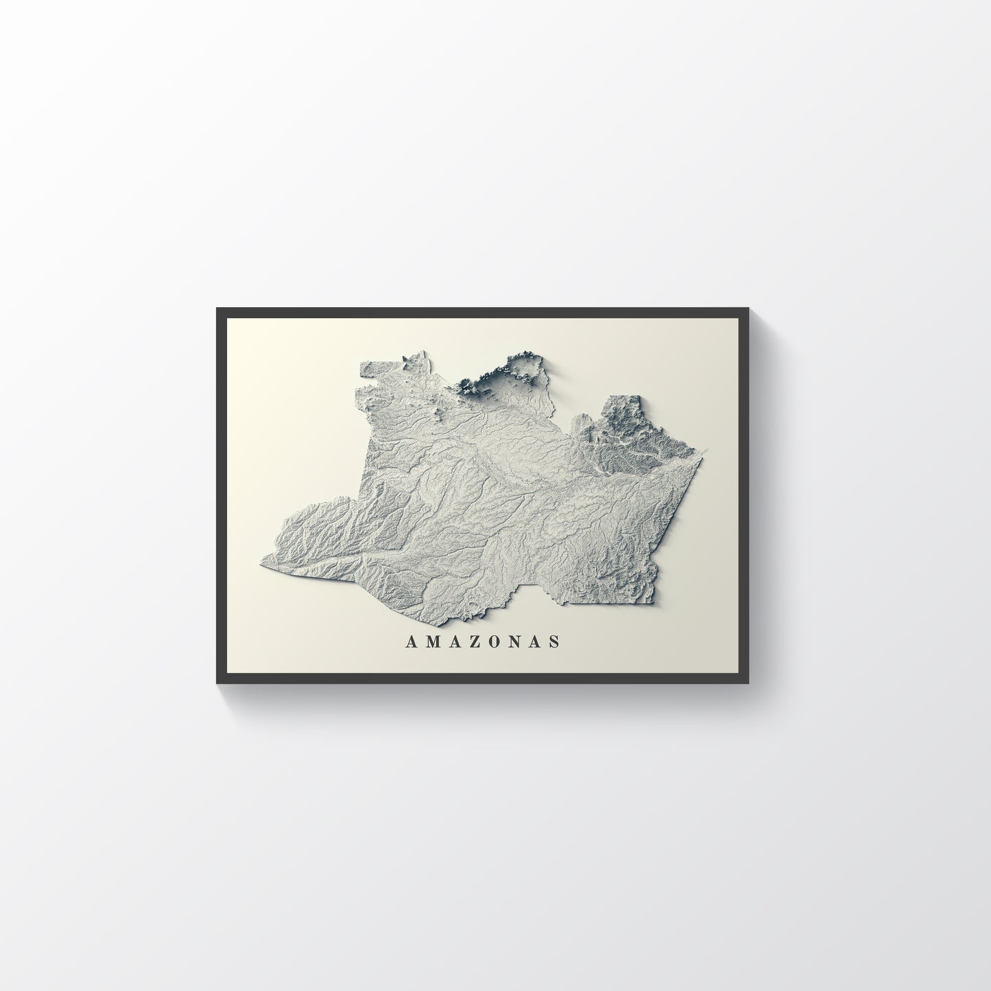 Amazonas (Brazil) framed shaded relief map in black frame. Artistic print highlighting mountains with a realistic terrain effect