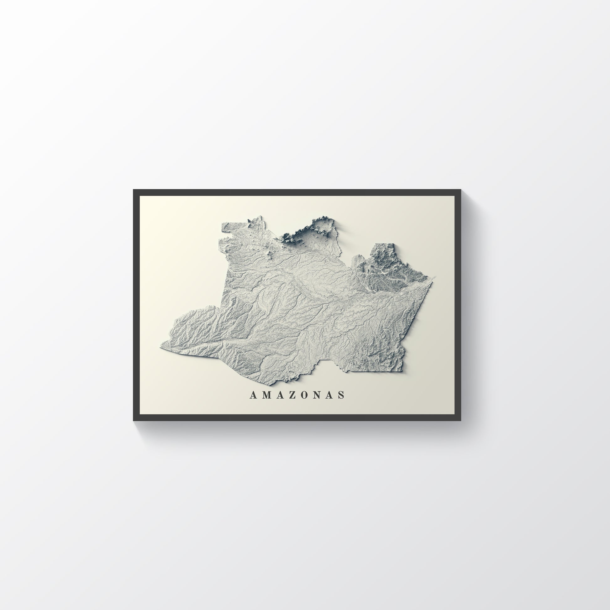 Amazonas (Brazil) framed shaded relief map in black frame. Artistic print highlighting mountains with a realistic terrain effect