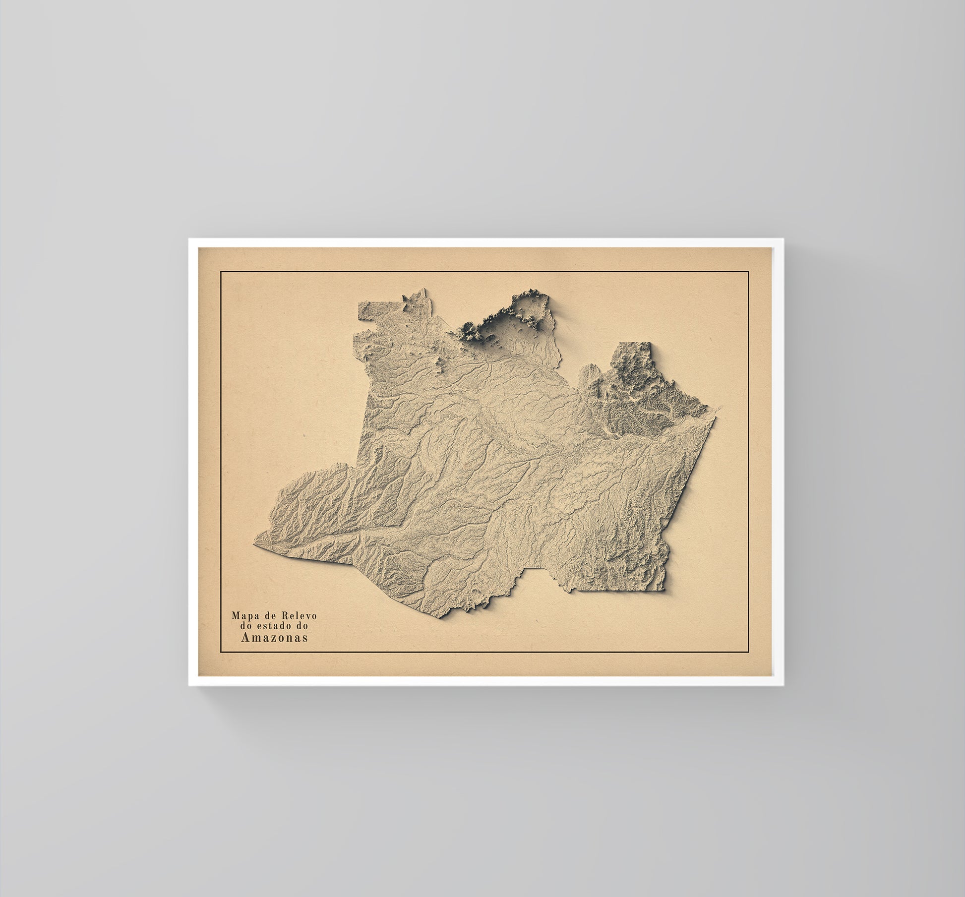 Amazonas State (Brazil) vintage framed shaded relief map in white frame. Artistic print highlighting mountains with a realistic 3d effect