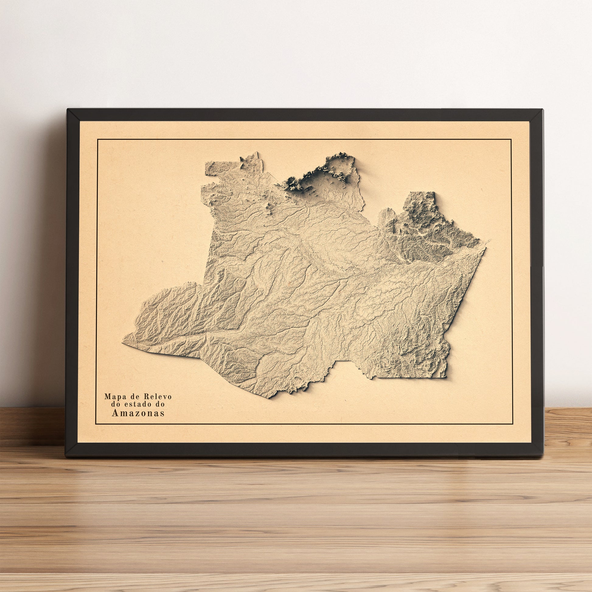 Amazonas (Brazil) vintage framed shaded relief map in black frame. Artistic print highlighting mountains with a realistic terrain effect