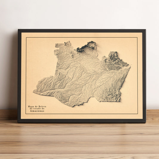 Amazonas (Brazil) vintage framed shaded relief map in black frame. Artistic print highlighting mountains with a realistic terrain effect