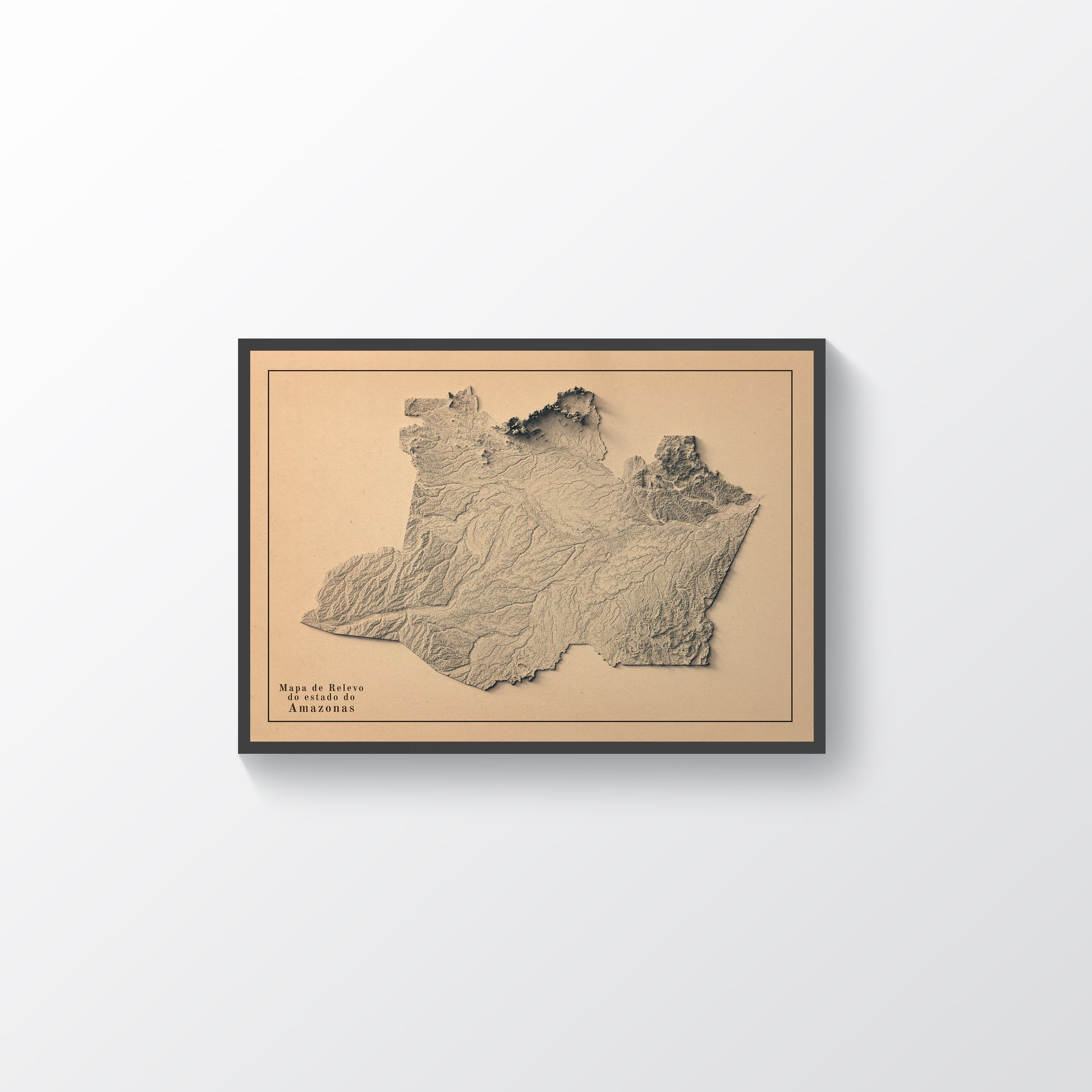 Amazonas (Brazil) vintage framed shaded relief map in black frame. Artistic print highlighting mountains with a realistic terrain effect