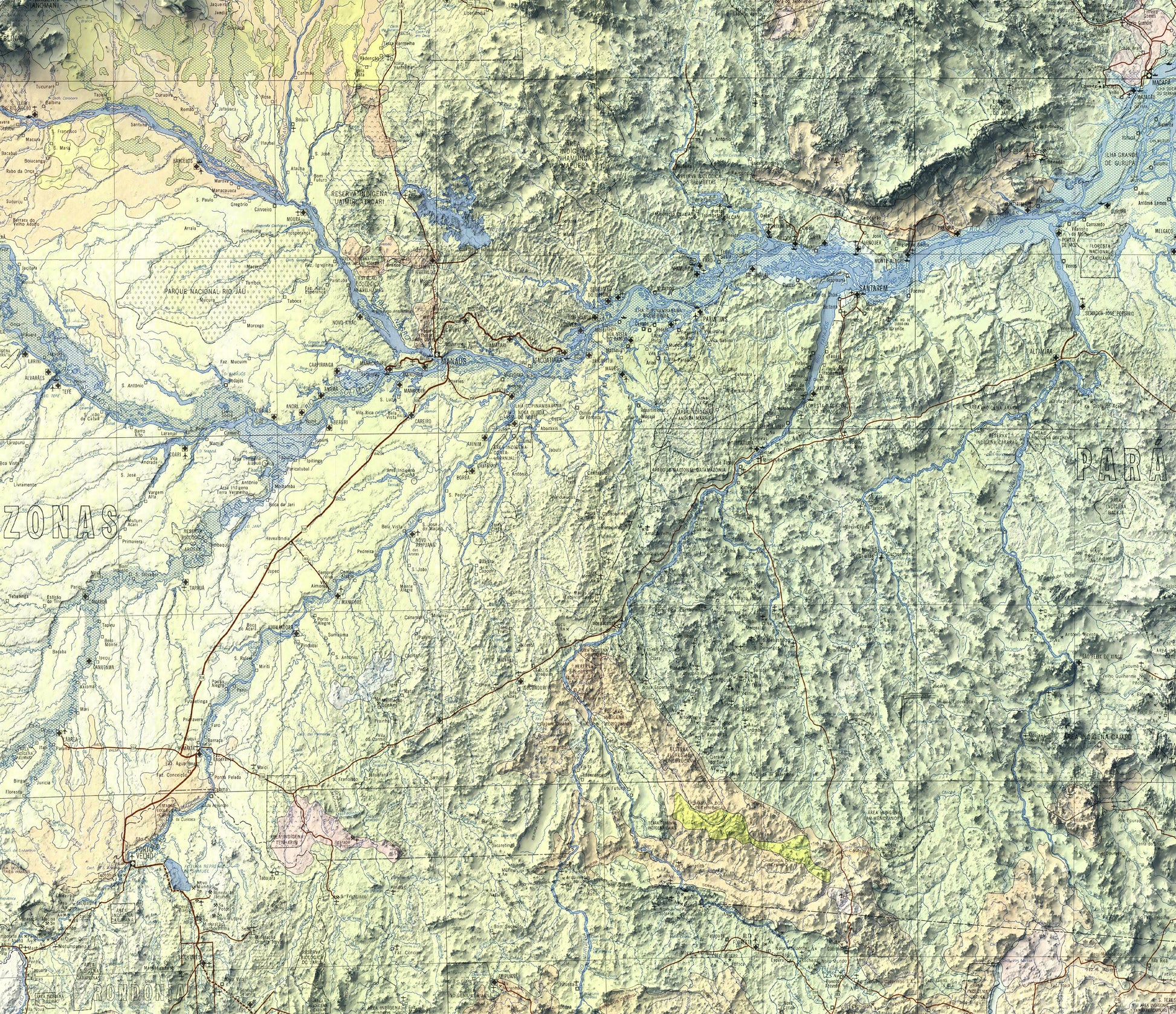 Detailed close-up of a vintage Amazon Rainforest relief map, showcasing textured topography and geographic contours