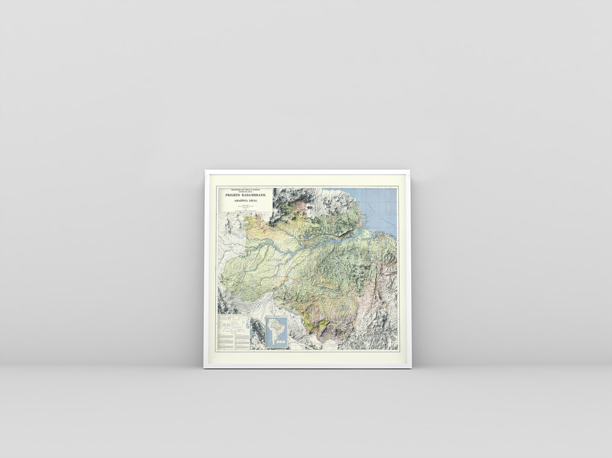 Amazon Rainforest vintage framed shaded relief map in white frame. Artistic print highlighting mountains with a realistic 3d effect