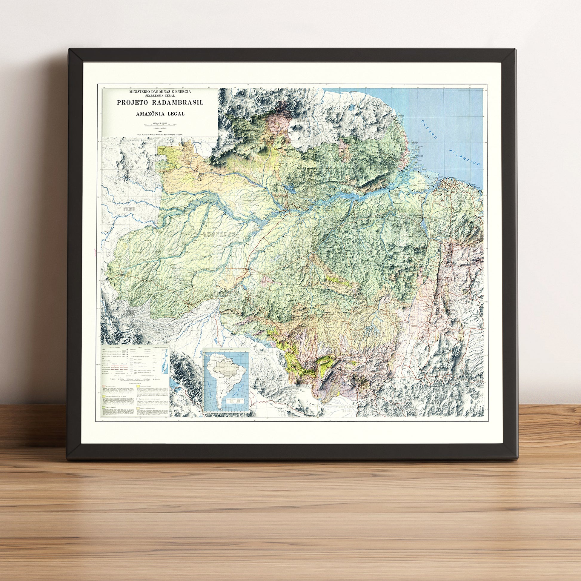 Amazon vintage framed shaded relief map in black frame. Artistic print highlighting mountains with a realistic terrain effect