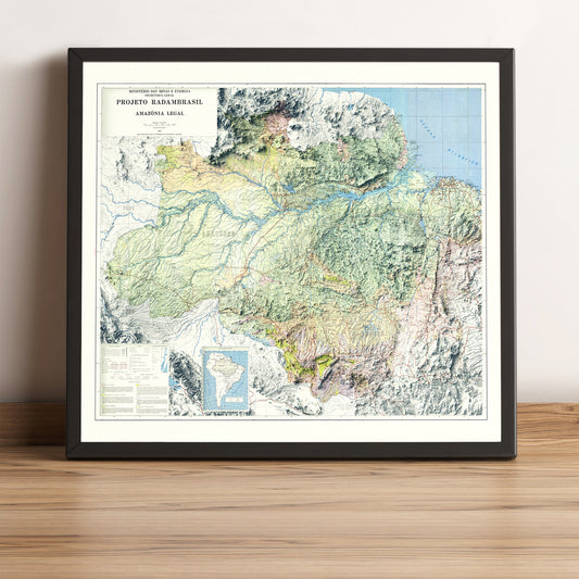 Amazon vintage framed shaded relief map in black frame. Artistic print highlighting mountains with a realistic terrain effect