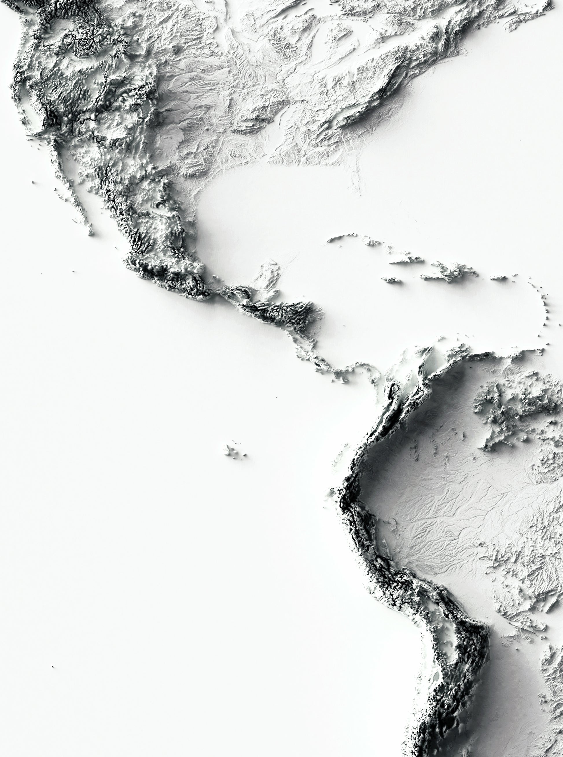 Detailed close-up of a The Americas relief map, showcasing textured topography and geographic contours