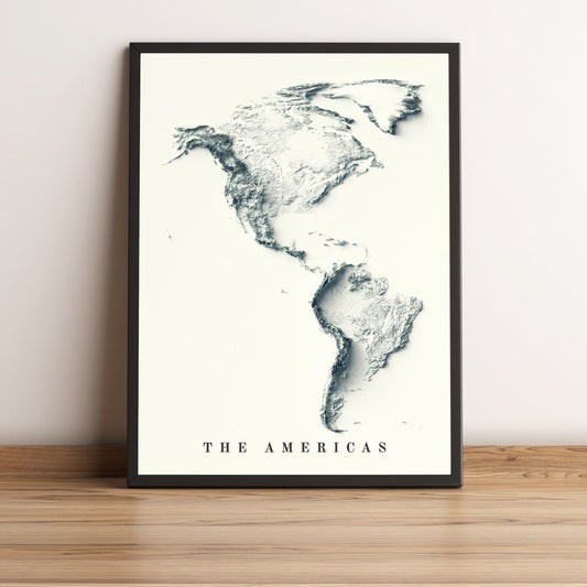 The American Continent framed shaded relief map in black frame. Artistic print highlighting mountains with a realistic terrain effect