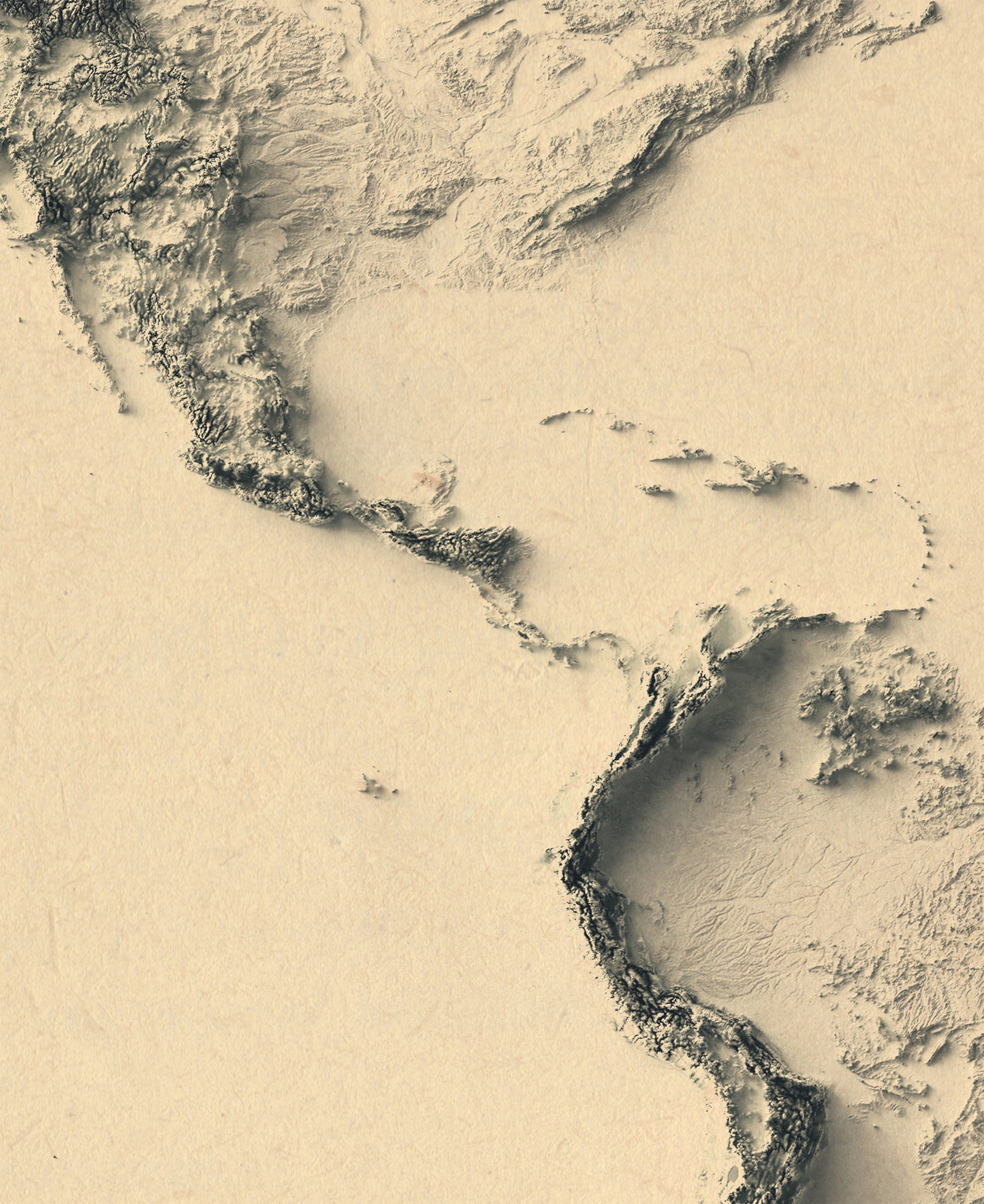 Detailed close-up of a vintage The Americas relief map, showcasing textured topography and geographic contours
