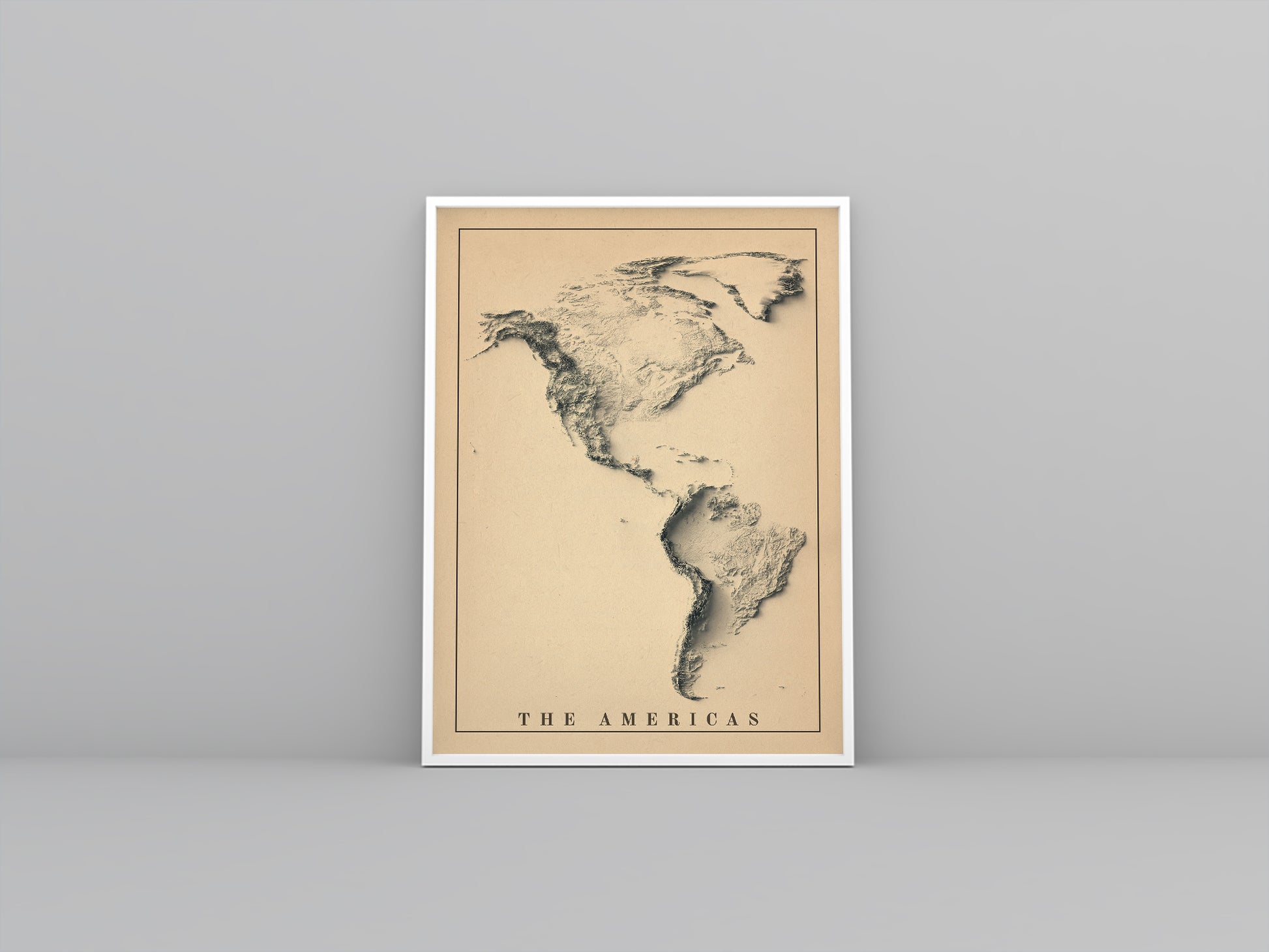 American Continent vintage framed shaded relief map in white frame. Artistic print highlighting mountains with a realistic 3d effect