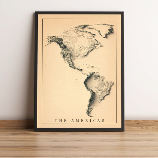 The American Continent vintage framed shaded relief map in black frame. Artistic print highlighting mountains with a realistic terrain effect