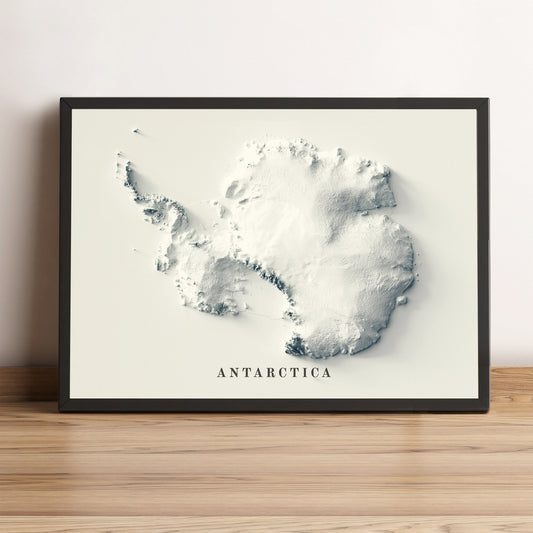 Antarctica vintage framed shaded relief map in black frame. Artistic print highlighting mountains with a realistic terrain effect