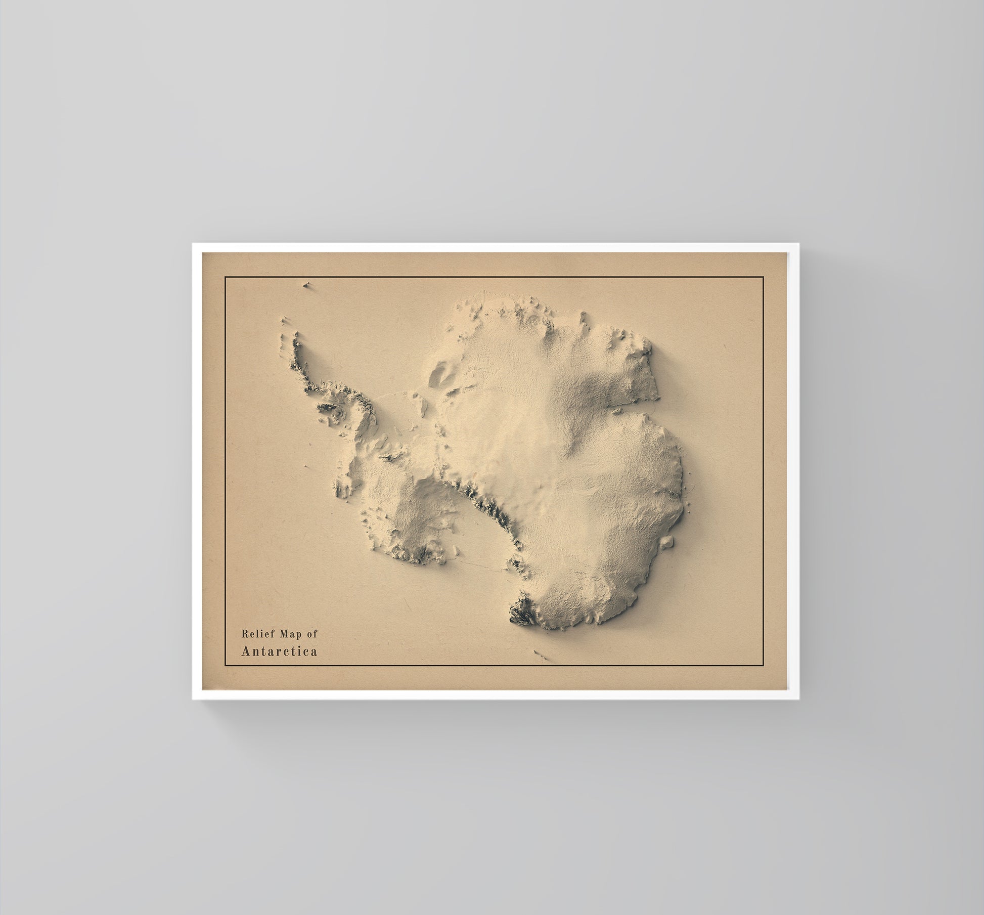 Antarctic vintage framed shaded relief map in white frame. Artistic print highlighting mountains with a realistic 3d effect