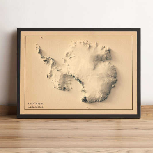 Antarctica vintage framed shaded relief map in black frame. Artistic print highlighting mountains with a realistic terrain effect