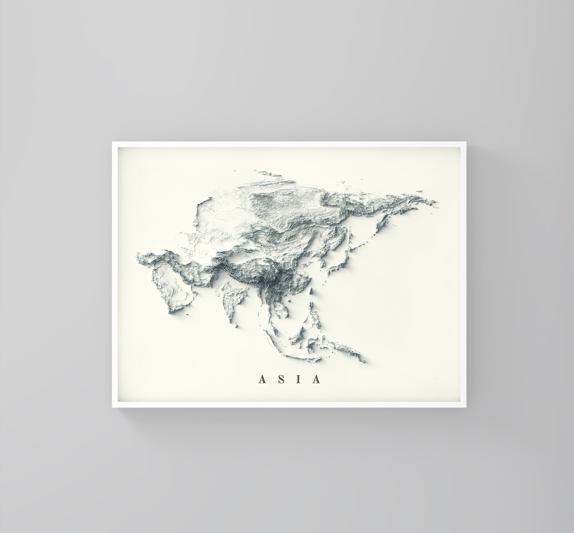 Asia framed shaded relief map in white frame. Artistic print highlighting mountains with a realistic 3d effect