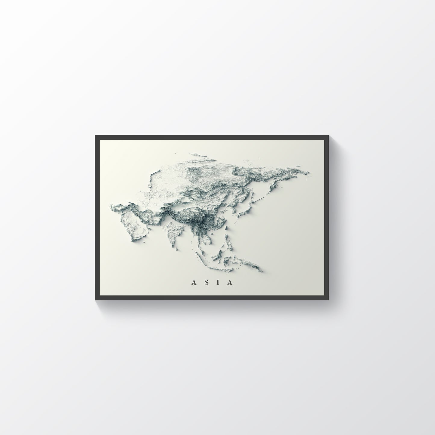 Asia framed shaded relief map in black frame. Artistic print highlighting mountains with a realistic terrain effect
