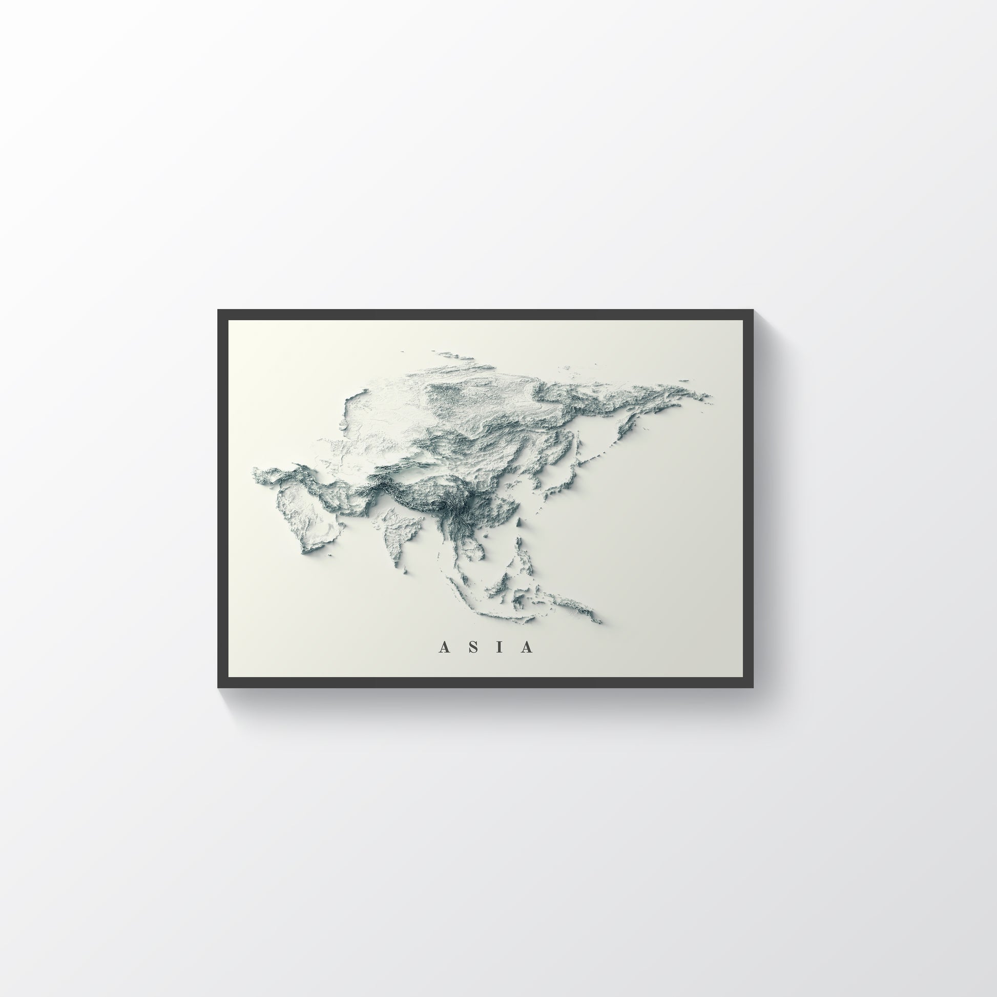 Asia framed shaded relief map in black frame. Artistic print highlighting mountains with a realistic terrain effect