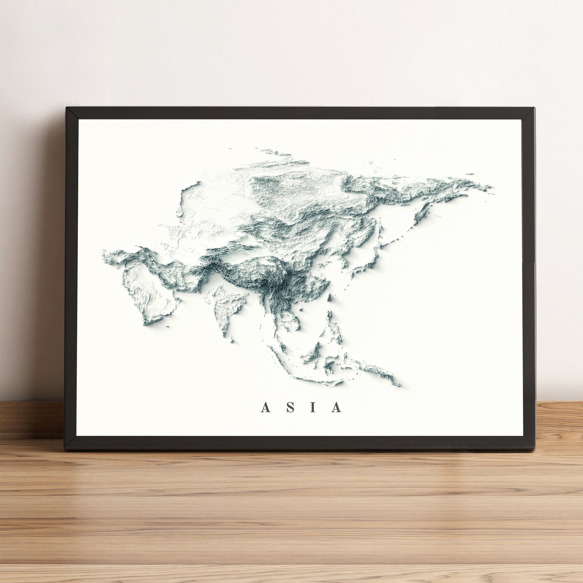 Asia framed shaded relief map in black frame. Artistic print highlighting mountains with a realistic terrain effect