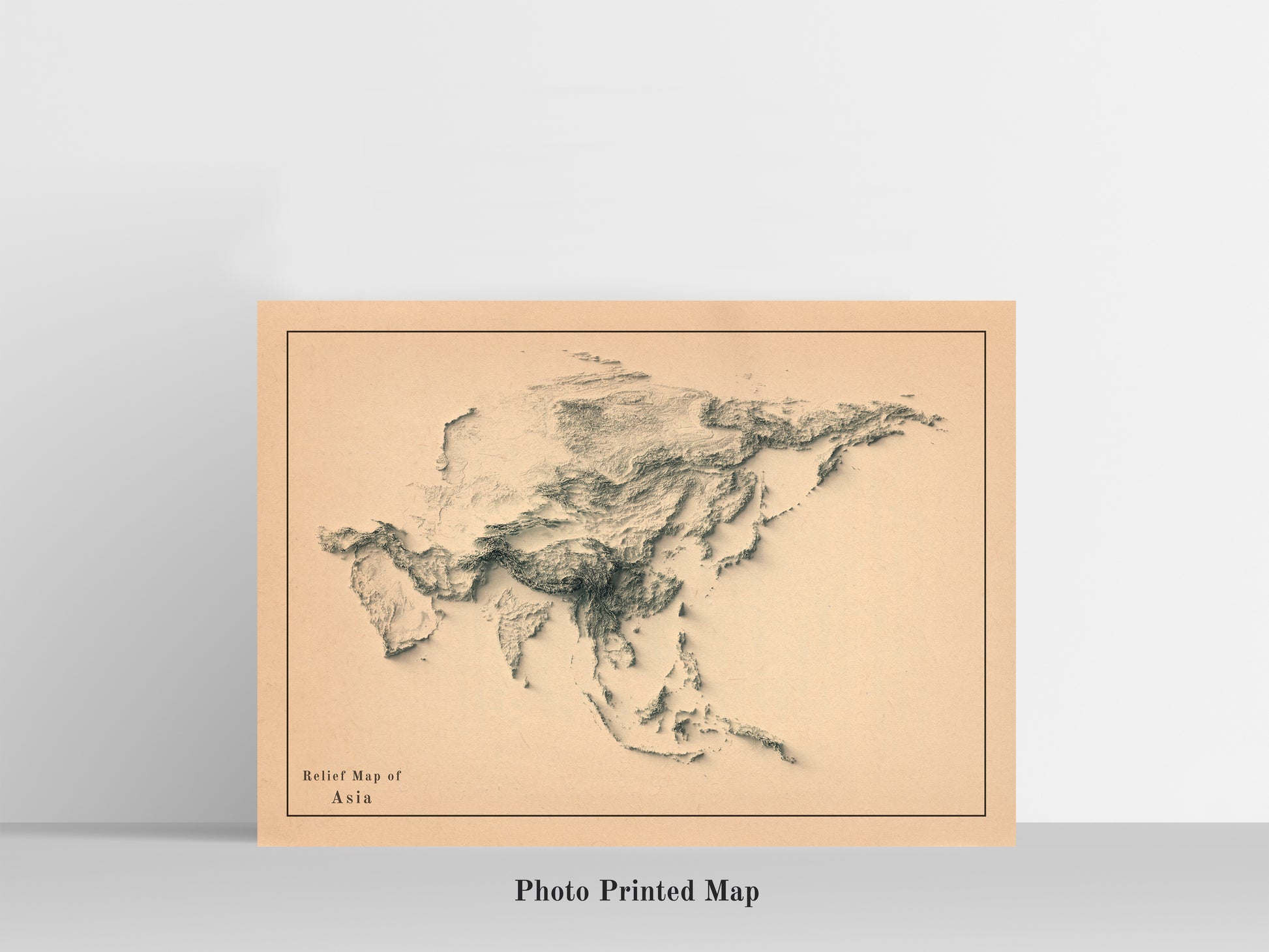 Asia relief map print, highlighting topography. Ideal for home decor and geography lovers